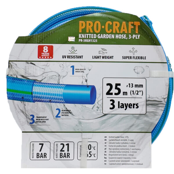 Modrá zahradní hadice Procraft PR-3KGH1325 3 vrstvy, 1/2" 25m | PR-3KGH1325